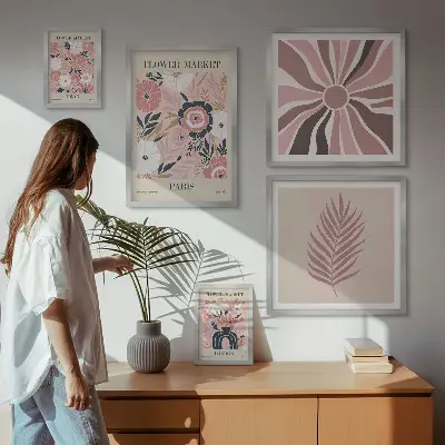 Pared galería de arte con mercados de flores de estilo bohemio
