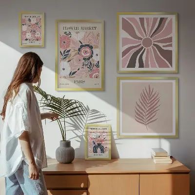 Pared galería de arte con mercados de flores de estilo bohemio