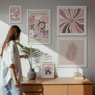 Pared galería de arte con mercados de flores de estilo bohemio