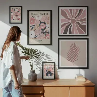 Pared galería de arte con mercados de flores de estilo bohemio