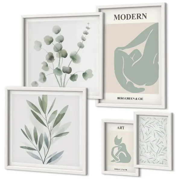 Set de 5 cuadros para salón con diseños de gráficos abstractos y plantas