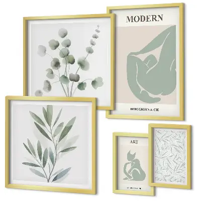 Set de 5 cuadros para salón con diseños de gráficos abstractos y plantas