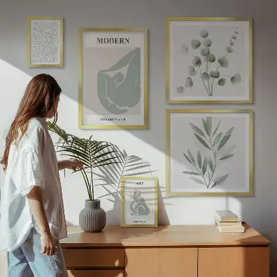 Set de 5 cuadros para salón con diseños de gráficos abstractos y plantas