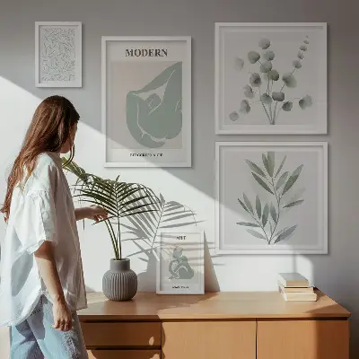 Set de 5 cuadros para salón con diseños de gráficos abstractos y plantas