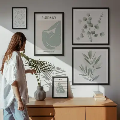 Set de 5 cuadros para salón con diseños de gráficos abstractos y plantas