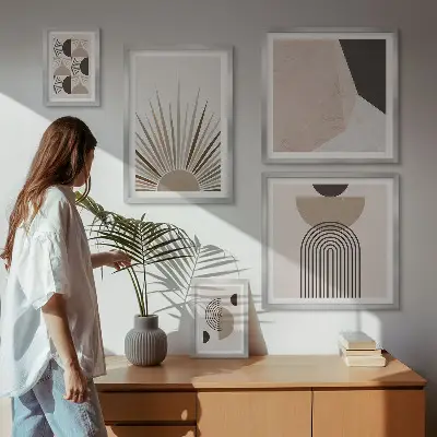 Pared galería de arte con formas geométricas abstractas