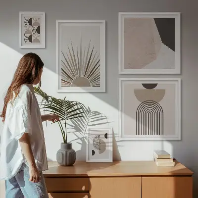 Pared galería de arte con formas geométricas abstractas