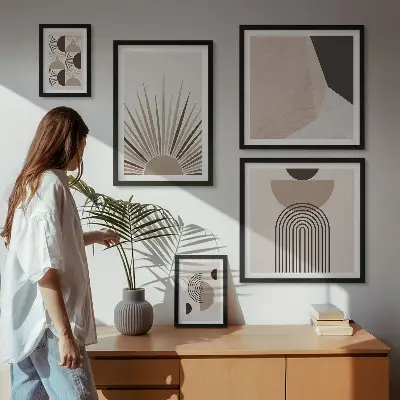 Pared galería de arte con formas geométricas abstractas