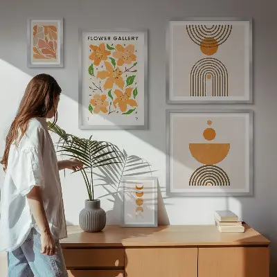 Conjunto de cuadros decorativos con diseño de flores y geometría