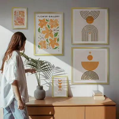 Conjunto de cuadros decorativos con diseño de flores y geometría