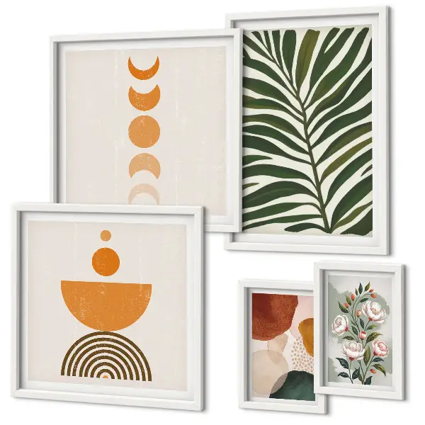 Pared galería de arte con patrones de plantas y formas bohemias