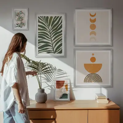 Pared galería de arte con patrones de plantas y formas bohemias