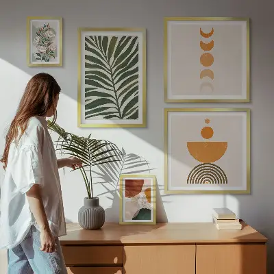 Pared galería de arte con patrones de plantas y formas bohemias