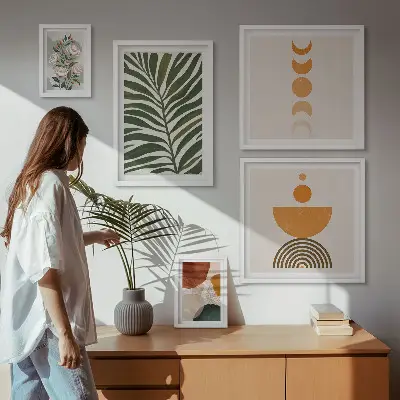 Pared galería de arte con patrones de plantas y formas bohemias
