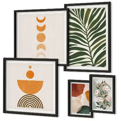 Pared galería de arte con patrones de plantas y formas bohemias