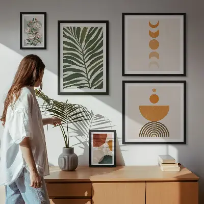 Pared galería de arte con patrones de plantas y formas bohemias
