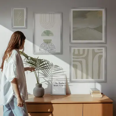 Set de 5 cuadros para salón con gráficos de naturaleza en estilo pastel