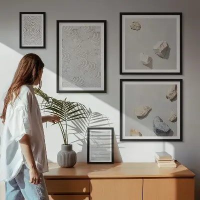 Pared galería de arte diseño de piedras geométricas en cartón