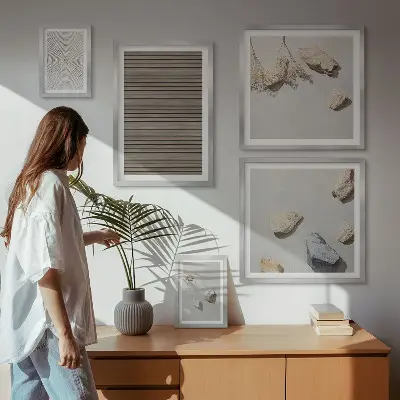 Pared galería de arte con texturas naturales de madera y piedras