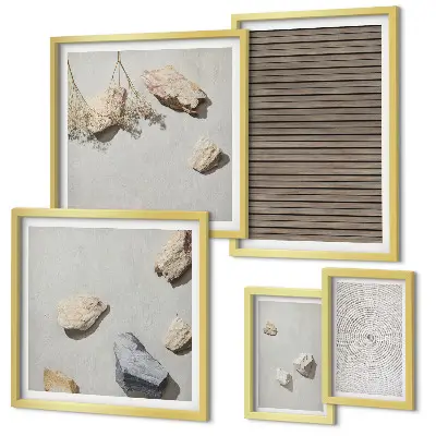 Pared galería de arte con texturas naturales de madera y piedras