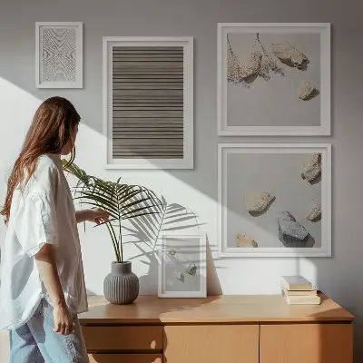 Pared galería de arte con texturas naturales de madera y piedras