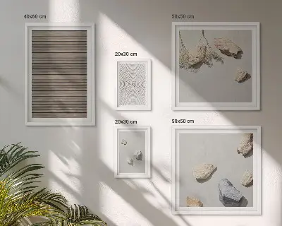 Pared galería de arte con texturas naturales de madera y piedras