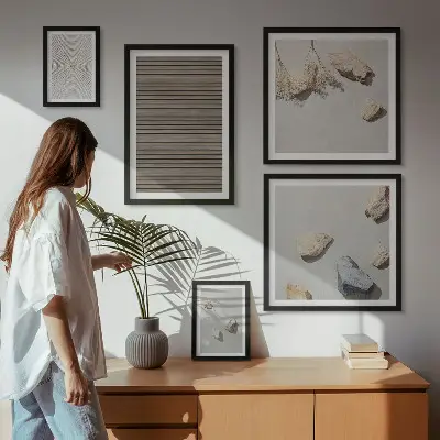 Pared galería de arte con texturas naturales de madera y piedras