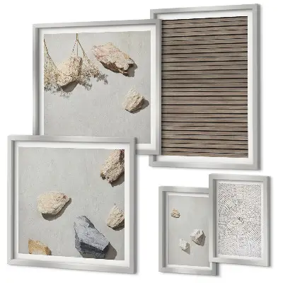 Pared galería de arte con texturas naturales de madera y piedras