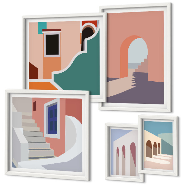 Set de 5 cuadros para salón Gráficos arquitectónicos en tonos pastel