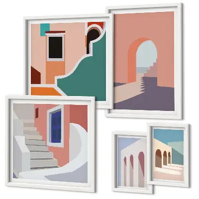 Set de 5 cuadros para salón con gráficos arquitectónicos en tonos pastel