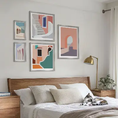 Set de 5 cuadros para salón con gráficos arquitectónicos en tonos pastel