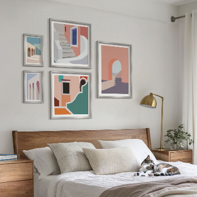 Set de 5 cuadros para salón Gráficos arquitectónicos en tonos pastel