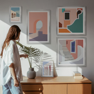 Set de 5 cuadros para salón Gráficos arquitectónicos en tonos pastel