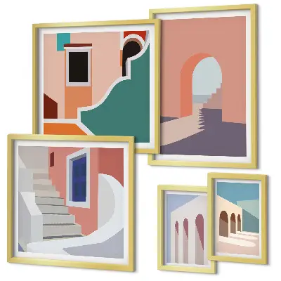 Set de 5 cuadros para salón con gráficos arquitectónicos en tonos pastel