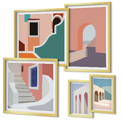 Set de 5 cuadros para salón Gráficos arquitectónicos en tonos pastel