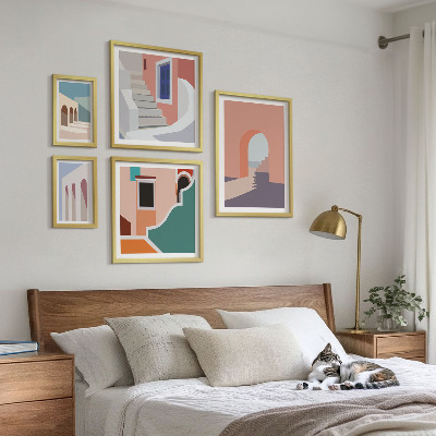 Set de 5 cuadros para salón Gráficos arquitectónicos en tonos pastel