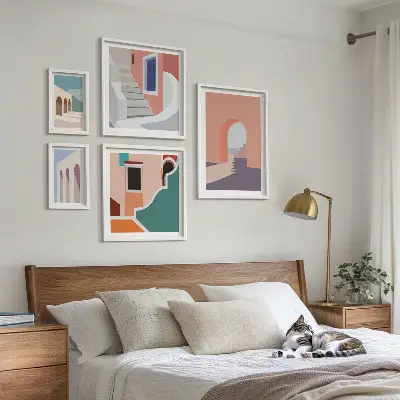 Set de 5 cuadros para salón con gráficos arquitectónicos en tonos pastel