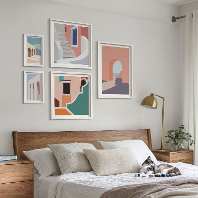 Set de 5 cuadros para salón Gráficos arquitectónicos en tonos pastel