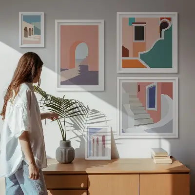 Set de 5 cuadros para salón con gráficos arquitectónicos en tonos pastel