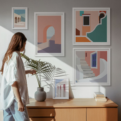 Set de 5 cuadros para salón Gráficos arquitectónicos en tonos pastel