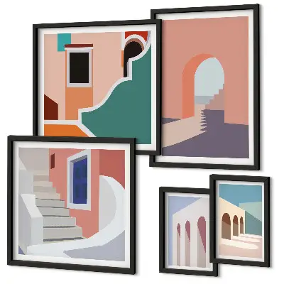 Set de 5 cuadros para salón con gráficos arquitectónicos en tonos pastel