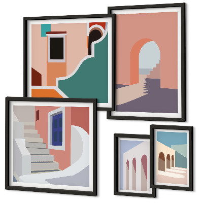 Set de 5 cuadros para salón Gráficos arquitectónicos en tonos pastel