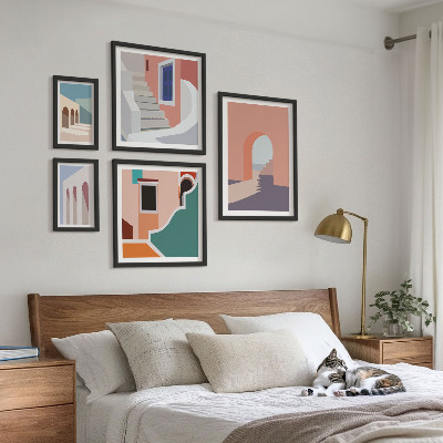 Set de 5 cuadros para salón Gráficos arquitectónicos en tonos pastel
