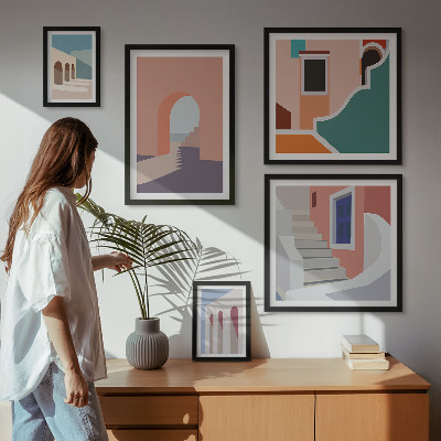 Set de 5 cuadros para salón Gráficos arquitectónicos en tonos pastel