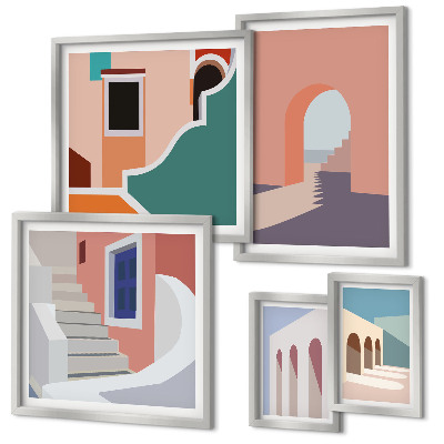 Set de 5 cuadros para salón Gráficos arquitectónicos en tonos pastel