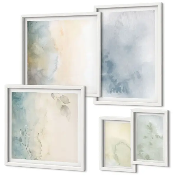Conjunto de cuadros decorativos con acuarelas en tonos pastel sobre lienzo