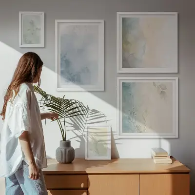 Conjunto de cuadros decorativos con acuarelas en tonos pastel sobre lienzo