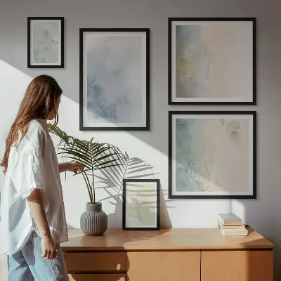 Conjunto de cuadros decorativos con acuarelas en tonos pastel sobre lienzo