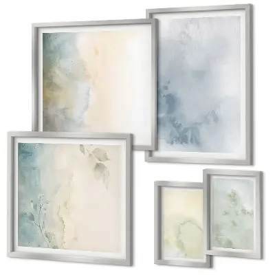 Conjunto de cuadros decorativos con acuarelas en tonos pastel sobre lienzo