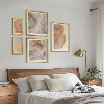 Set de 5 cuadros para salón con diseño de texturas cálidas y coloridas de acuarela